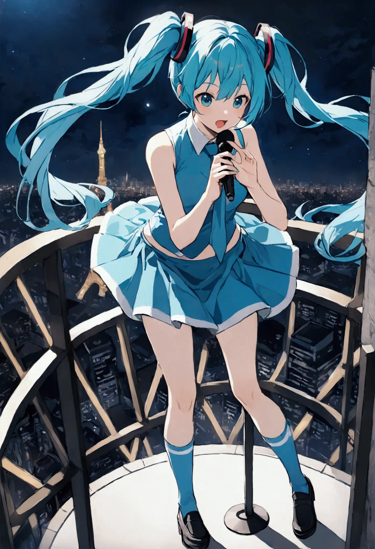 (hatsune miku,light blue hair,twin tails,no sleeve,tie,mini skirt,socks),((blue is the predominant color)),(future city at night...