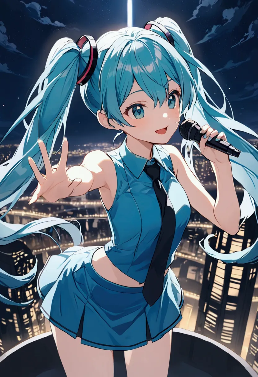 (hatsune miku,light blue hair,twin tails,no sleeve,tie,mini skirt,socks),((blue is the predominant color)),(future city at night...