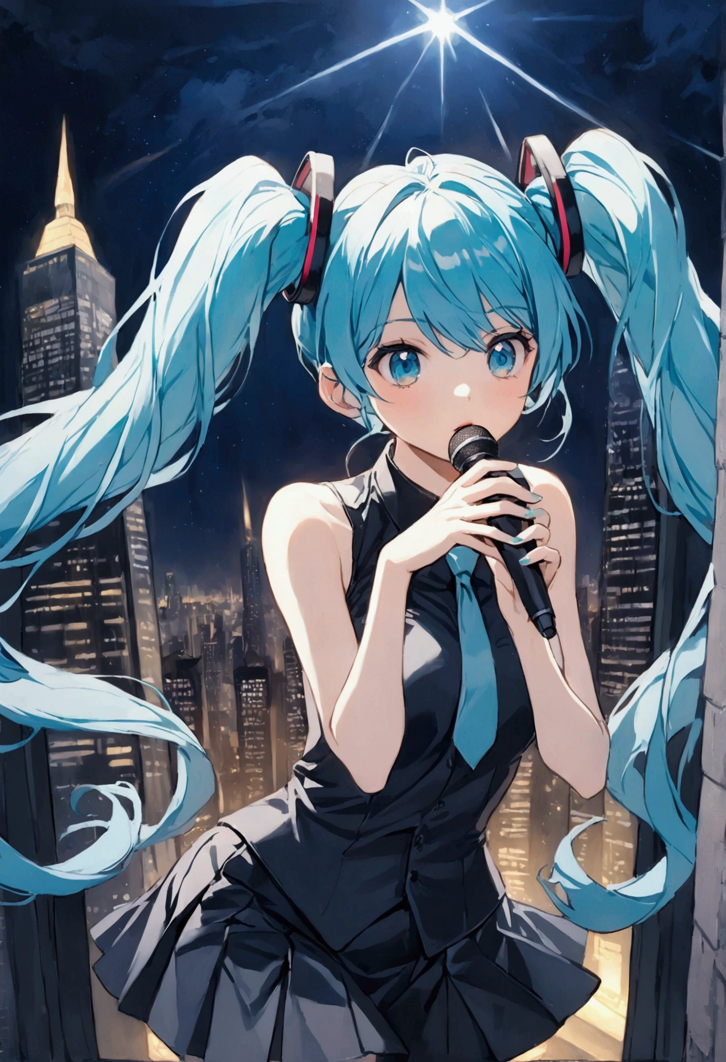 (Hatsune Miku,Light blue hair,Twin tails,No sleeve,tie,mini skirt,socks),((Blue is the predominant color)),(Future city at night,Night view),(Cool pose,Standing at the top of the tower,Cool look,singing,Holding a microphone)