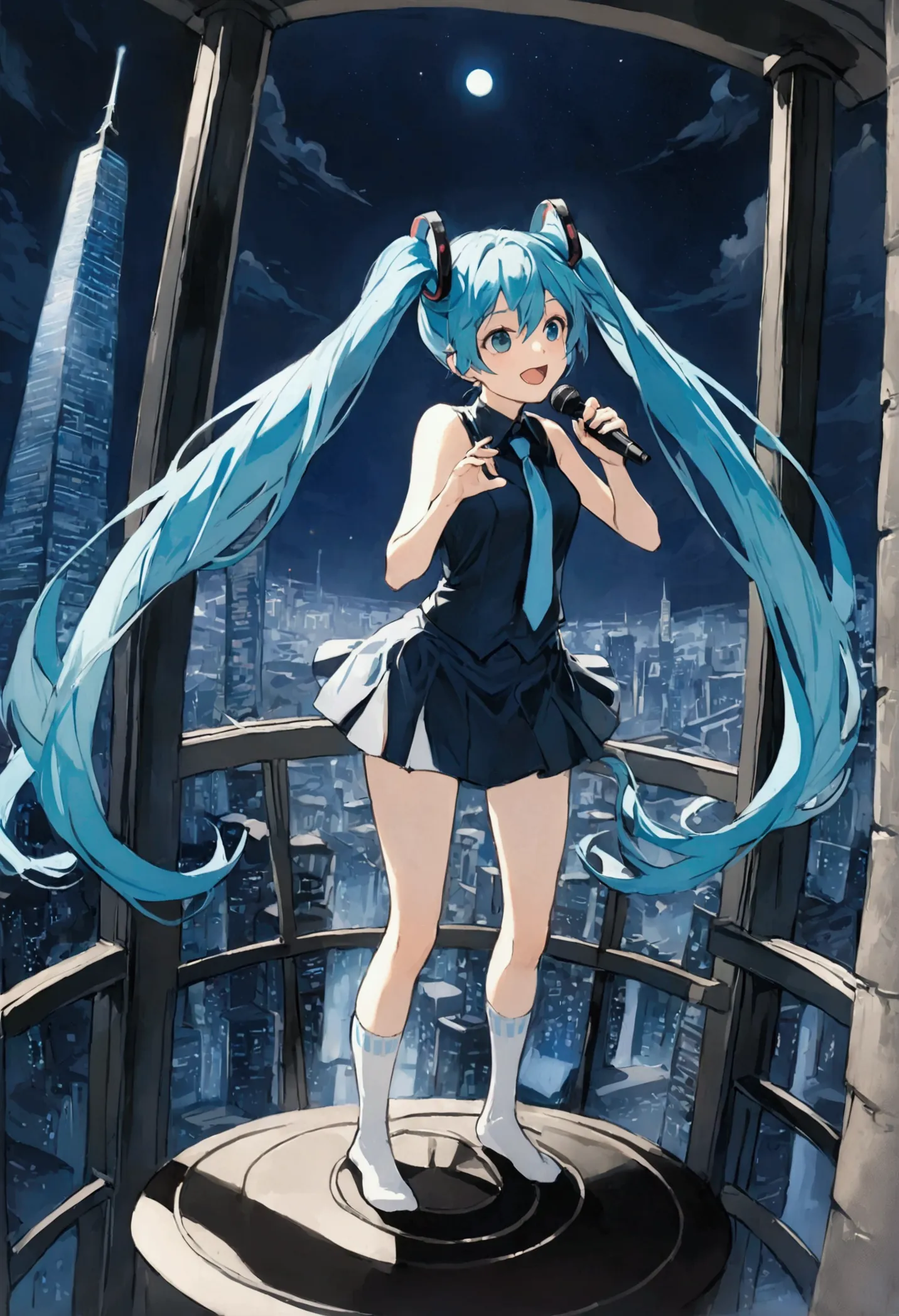 (hatsune miku,light blue hair,twin tails,no sleeve,tie,mini skirt,socks),((blue is the predominant color)),(future city at night...