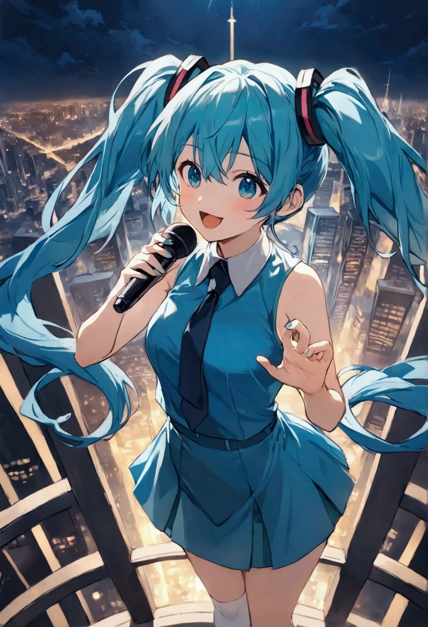 (hatsune miku,light blue hair,twin tails,no sleeve,tie,mini skirt,socks),((blue is the predominant color)),(future city at night...