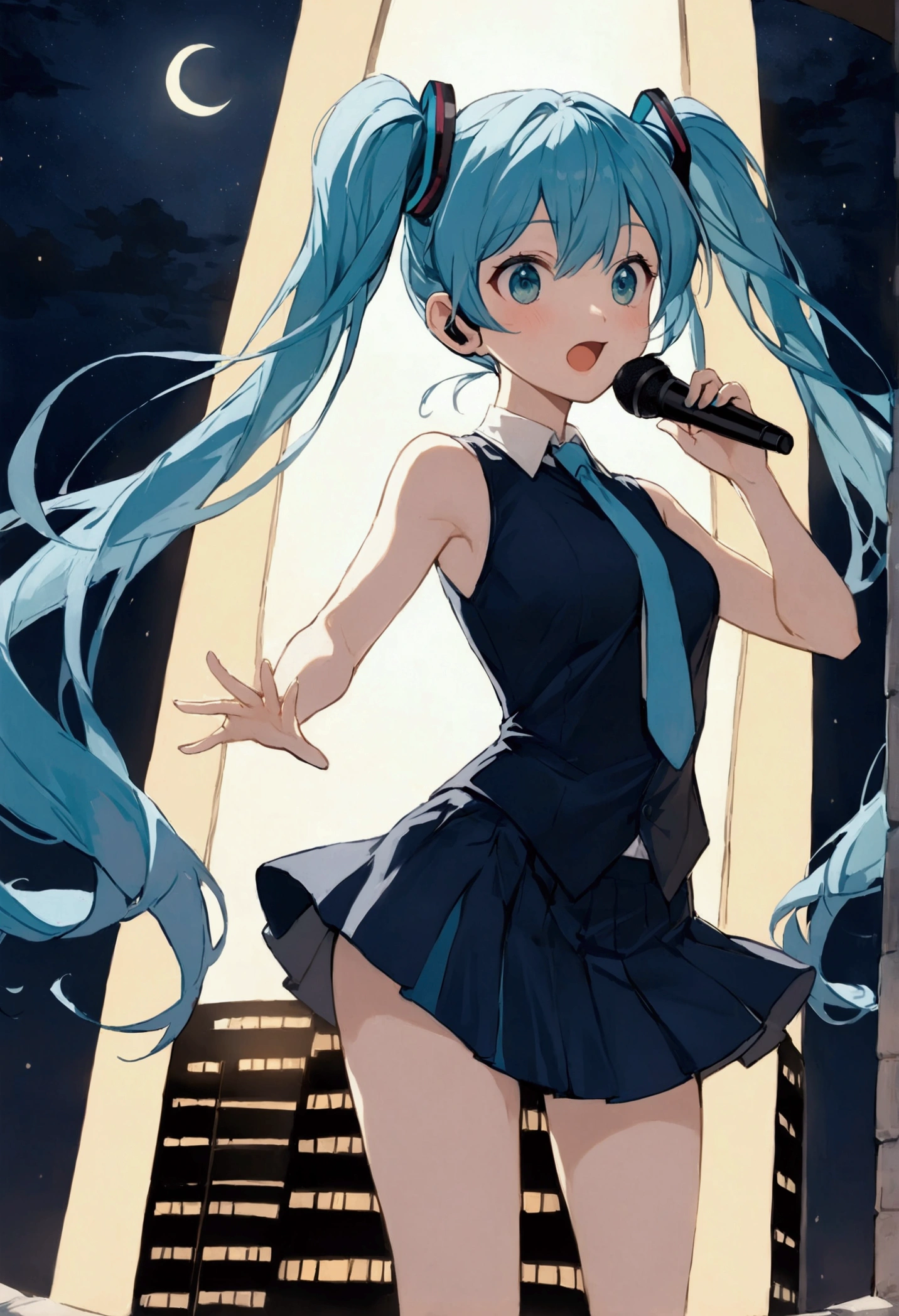 (Hatsune Miku,Light blue hair,Twin tails,No sleeve,tie,mini skirt,socks),((Blue is the predominant color)),(Future city at night,Night view),(Cool pose,Standing at the top of the tower,Cool look,singing,Holding a microphone)