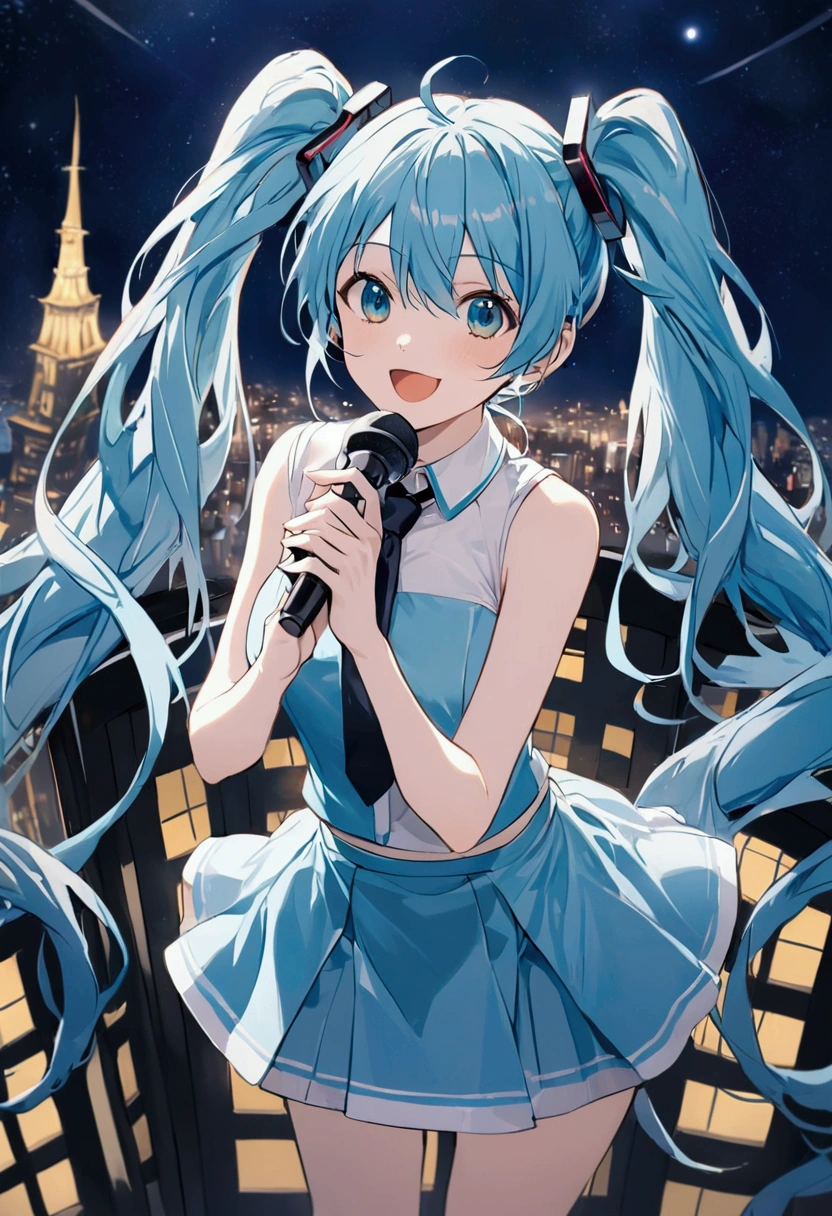 (Hatsune Miku,Light blue hair,Twin tails,No sleeve,tie,mini skirt,socks),((Blue is the predominant color)),(Future city at night,Night view),(Cool pose,Standing at the top of the tower,Cool look,singing,Holding a microphone)