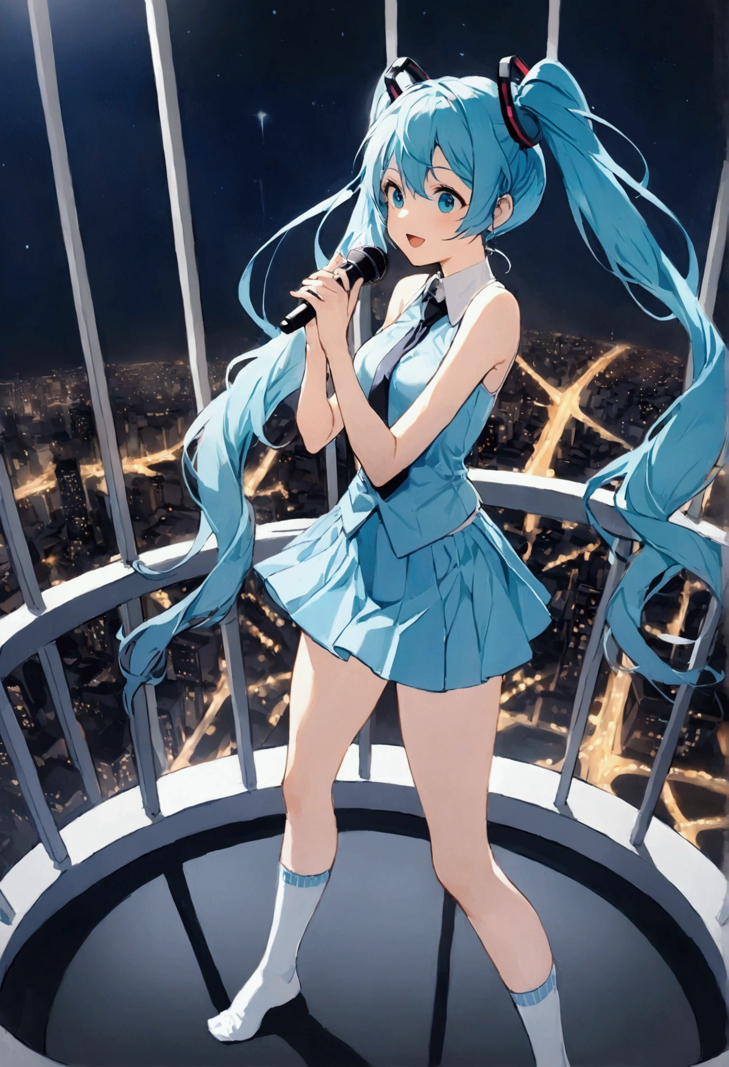 (Hatsune Miku,Light blue hair,Twin tails,No sleeve,tie,mini skirt,socks),((Blue is the predominant color)),(Future city at night,Night view),(Cool pose,Standing at the top of the tower,Cool look,singing,Holding a microphone)