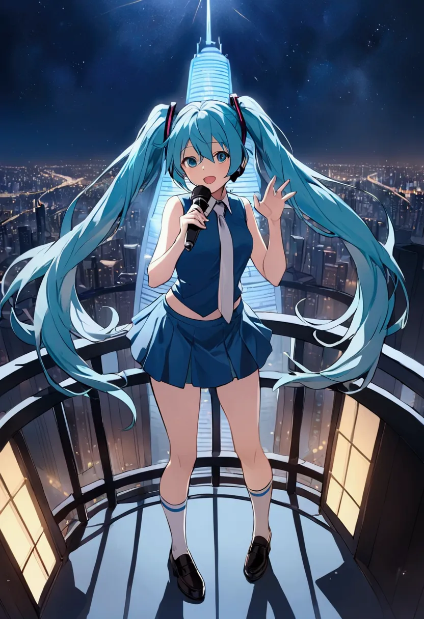 (hatsune miku,light blue hair,twin tails,no sleeve,tie,mini skirt,socks),((blue is the predominant color)),(future city at night...