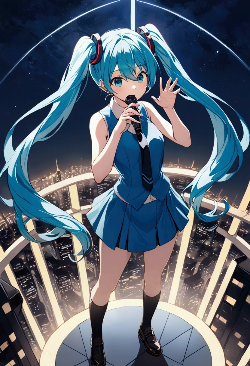 (Hatsune Miku,Light blue hair,Twin tails,No sleeve,tie,mini skirt,socks),((Blue is the predominant color)),(Future city at night,Night view),(Cool pose,Standing at the top of the tower,Cool look,singing,Holding a microphone)