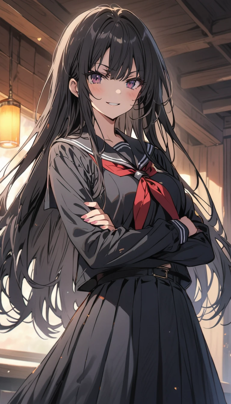 high school girl　beauty　Black Hair　Straight Long Hair　smile　Glare　frivolous attitude　Glaring at me　Black Sailor Suit　Long skirt　Roll up your sleeves　belly button　Cross your arms　School