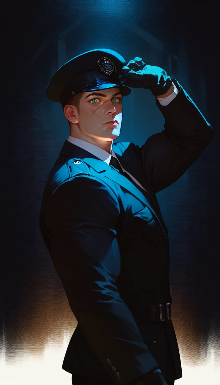 score_9, score_8_up, score_7_up, 1boy, sergeant's cap, brown hair, looking at viewer, dark setting, black silhouettes, bright green eyes, dark, profane, hand on hat, nacked, detalhed background, muscles, black background, gothic, brave, sexy, muscular, realistic textures, seductive look, from side, dynamic angle, big pecs, black suit, police station, scars on face, cyberpunk, wide eyes