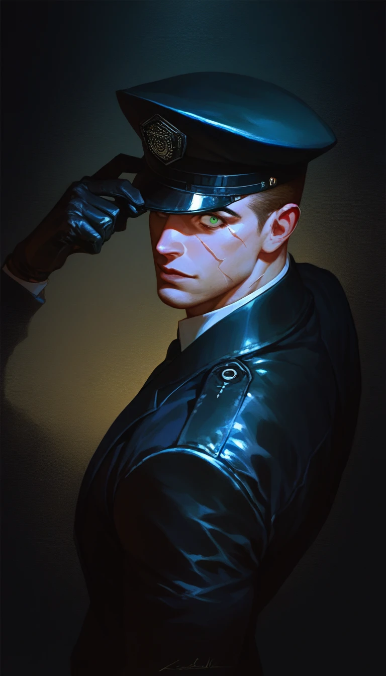 score_9, score_8_up, score_7_up, 1boy, sergeant's cap, brown hair, looking at viewer, dark setting, black silhouettes, bright green eyes, dark, profane, hand on hat, nacked, detalhed background, muscles, black background, gothic, brave, sexy, muscular, realistic textures, seductive look, from side, dynamic angle, big pecs, black suit, police station, scars on face, cyberpunk, wide eyes