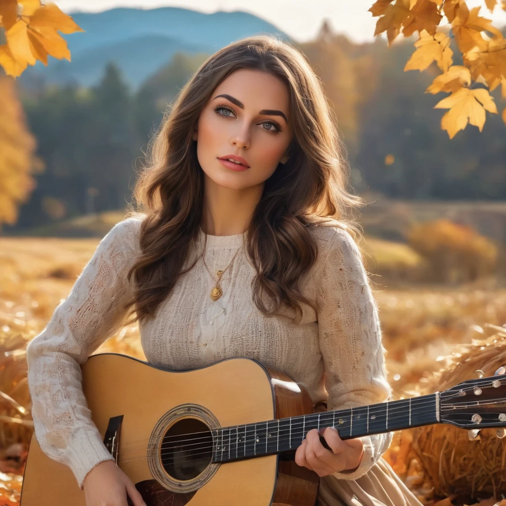 Ultra-Realistic Capture,18k,RAW Photos,Highest quality,masterpiece,reality,Very detailed,Sharp Photos,Very beautiful woman,Acoustic guitar,Magazine Cover,autumn,Portrait,Large Breasts,