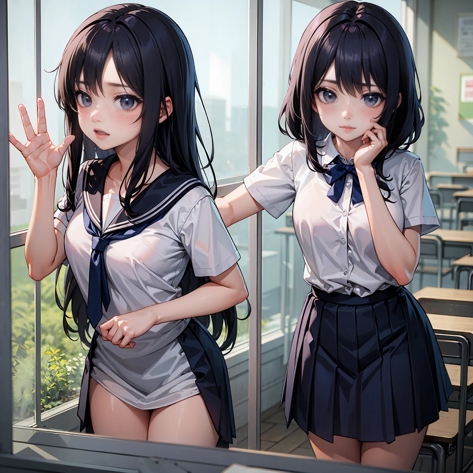 2D, masterpiece, Highest quality, anime, Very detailed, One beautiful schoolgirl、against_glass、hand on glass、face press、clear、Black Hair、Straight Hair、Long Hair、shirt、No bra、Stealth Sex、classroom、embarrassed、orgasm、view is outside window