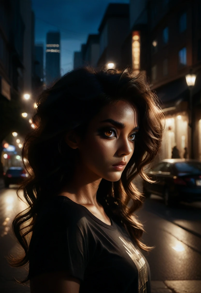 (Best quality, a high resolution, masterpiece :1.3), beautiful woman, A slim body, dark brown hair, T-shirt, (Street in the city at night), Highly detailed face and skin texture, detailed eyes, double eyelid