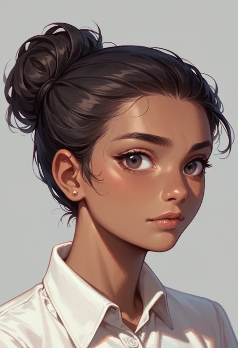 best quality, masterpiece, same character, illustration, 1 girl, dark hair, dark skinned, hair bun, woman, tomboy style, fashion...