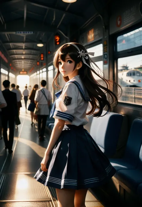 anime girl with long hair walks along the train platform, kantai collection style, railgun, konpeki no kantai, kantai arcade col...