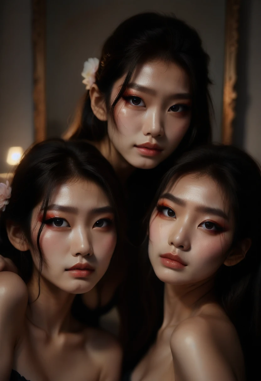 Three Asian women pose in a room for a photo, ulzzang, 3 sisters looking in the mirror, 8K)), popular korean makeup, profile picture, beautiful girl, 8K selfie photo, cute - fine - face, popular korean makeup, Xision Wu, cute girl, korean girl, avatar profile picture, sakimichan, very high quality, super realistic realism, super refinement, high quality, 8k resolution, diverse style, bare shoulders without showing chest,