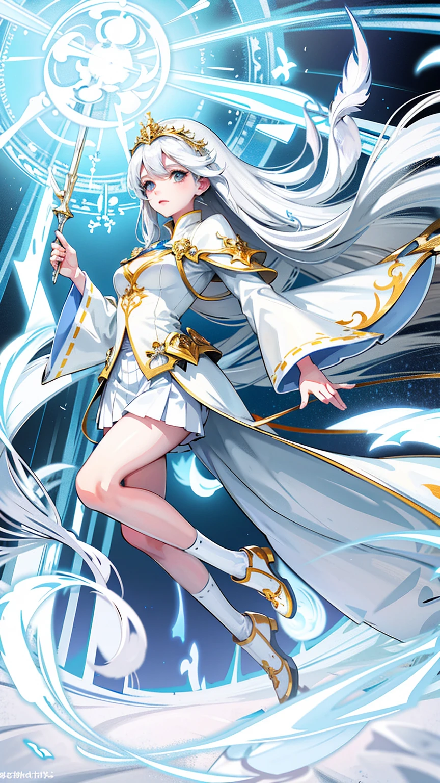 fullbody，Anime girl with long white hair and blue skirt in the snow, White-haired God, White hair floating in the air, Anime Fantasy Illustration, Flowing white hair, beautiful youth, Beautiful fantasy anime, shiny and flowing hair, Ethereal animation, Beautiful anime artwork, Beautiful digital artwork, anime fantasy artwork, ((beautiful fantasy queen)), 2. 5 d cgi anime fantasy artwork