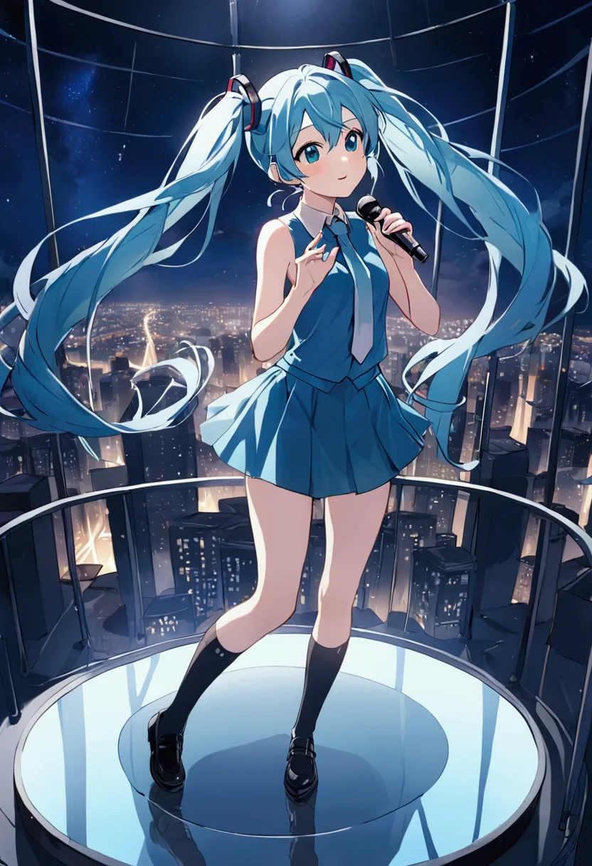 (hatsune miku,light blue hair,twin tails,no sleeve,tie,mini skirt,socks),((blue is the predominant color)),(future city at night...