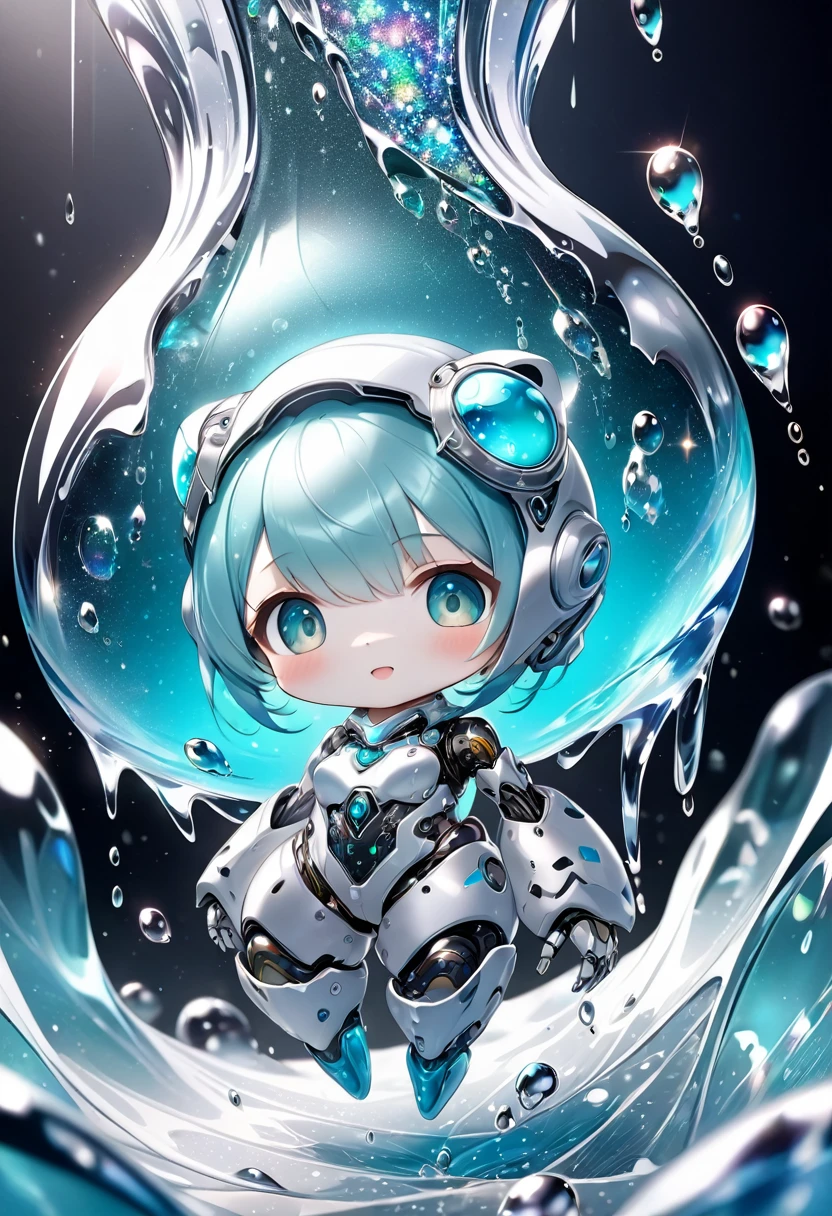 conceptual installation fantasy art, cute chibi animal-based android cyborg trapped in a falling ice drop, background iridescent metallic Tiffany Blue, (ultra detailed, absolutely resolution, best quality:1.3), 2.5D, delicate and dynamic effects, glitter effects, artistic photography, hyper realistic, graphic CG digital art