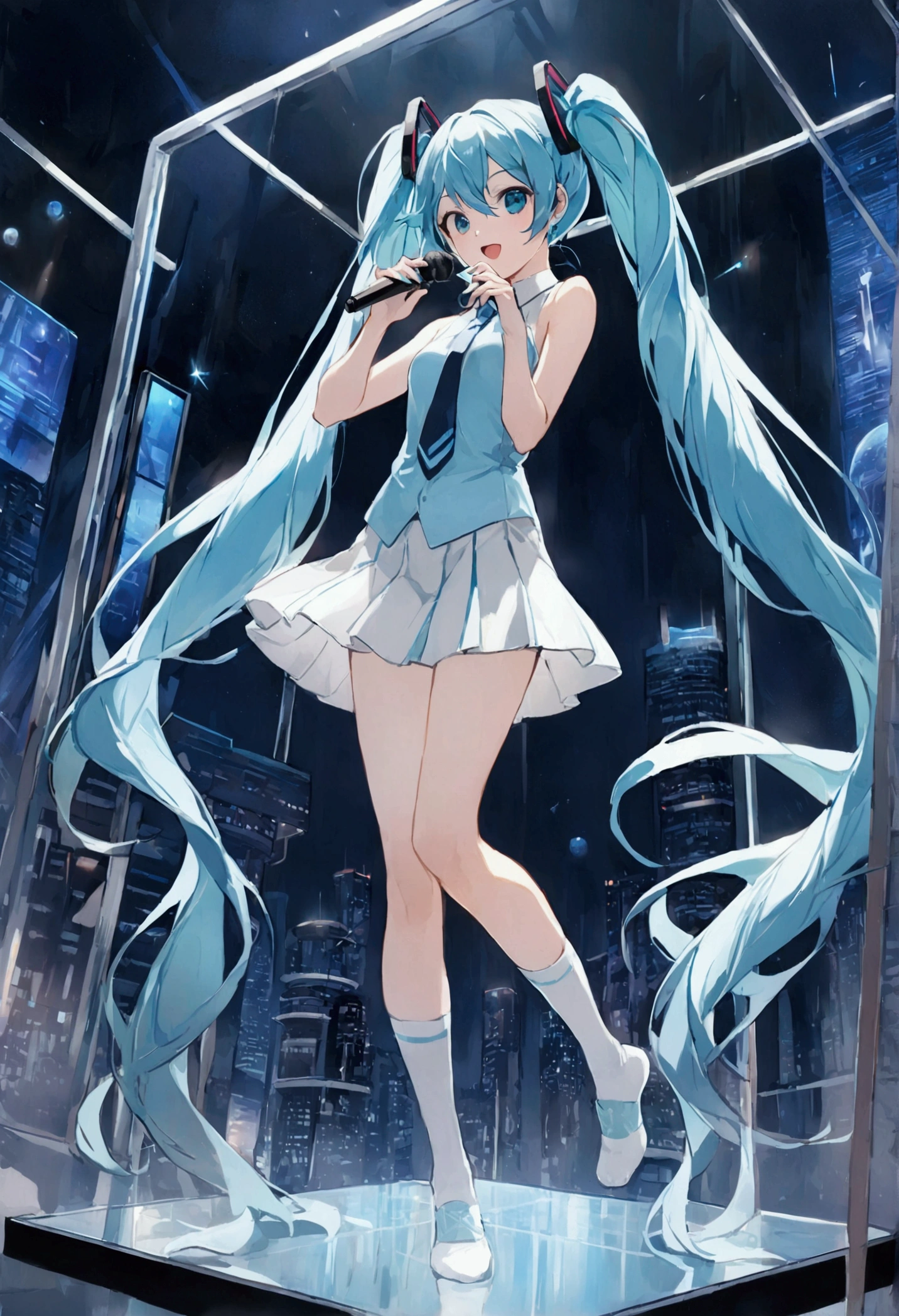 (Hatsune Miku,Light blue hair,Twin tails,No sleeve,tie,mini skirt,socks),((Blue is the predominant color)),(Shining futuristic city at night,Night view,Cyber World),(Dynamic pose,Standing on a glass stage,Cool look,singing,Holding a microphone)