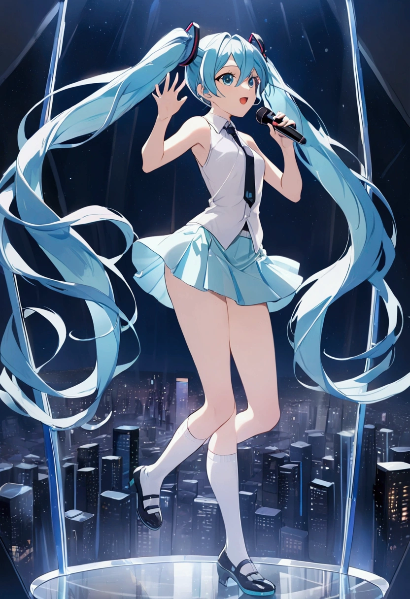 (Hatsune Miku,Light blue hair,Twin tails,No sleeve,tie,mini skirt,socks),((Blue is the predominant color)),(Shining futuristic city at night,Night view,Cyber World),(Dynamic pose,Standing on a glass stage,Cool look,singing,Holding a microphone)