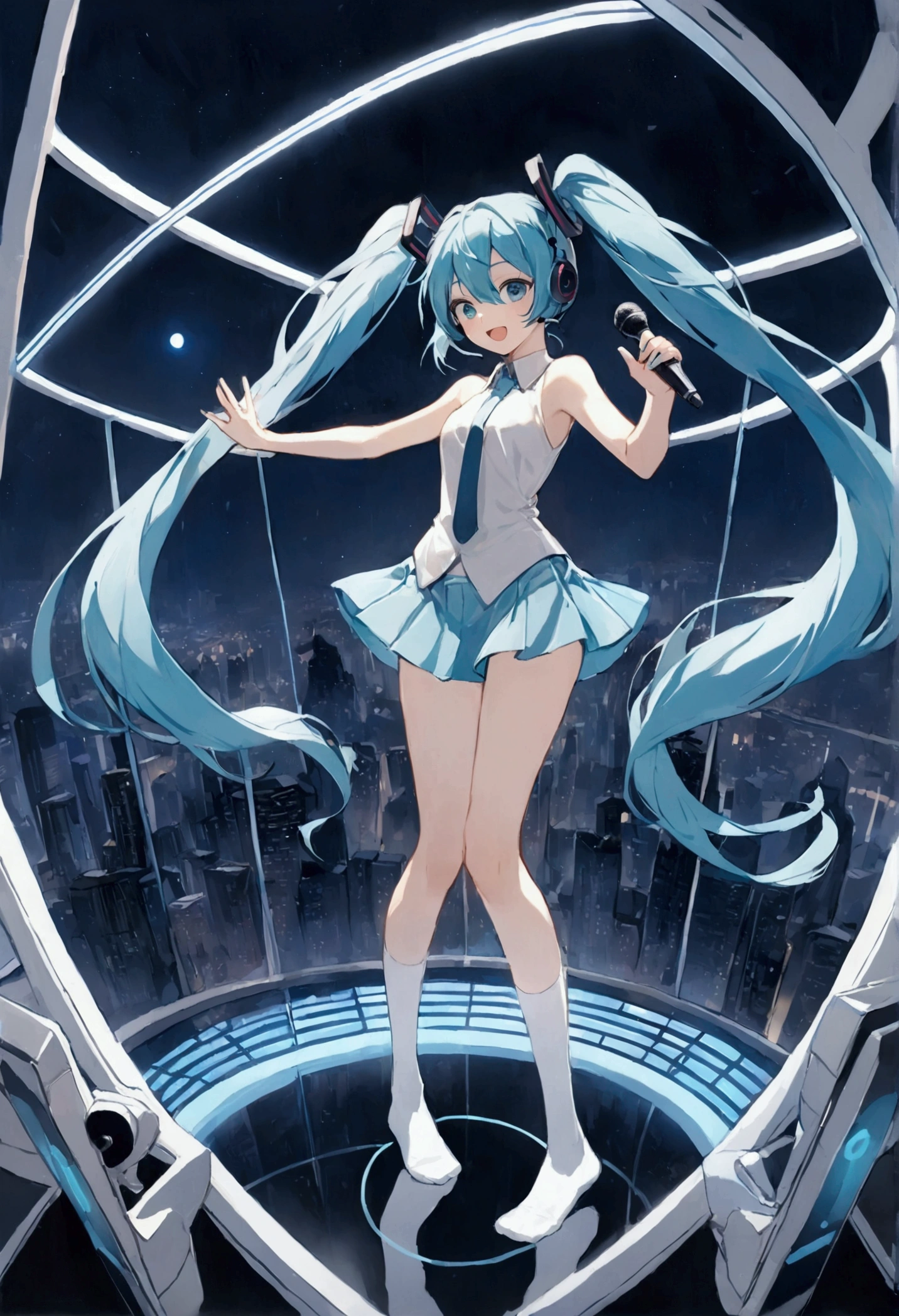 (Hatsune Miku,Light blue hair,Twin tails,No sleeve,tie,mini skirt,socks),((Blue is the predominant color)),(Shining futuristic city at night,Night view,Cyber World),(Dynamic pose,Standing on a glass stage,Cool look,singing,Holding a microphone)