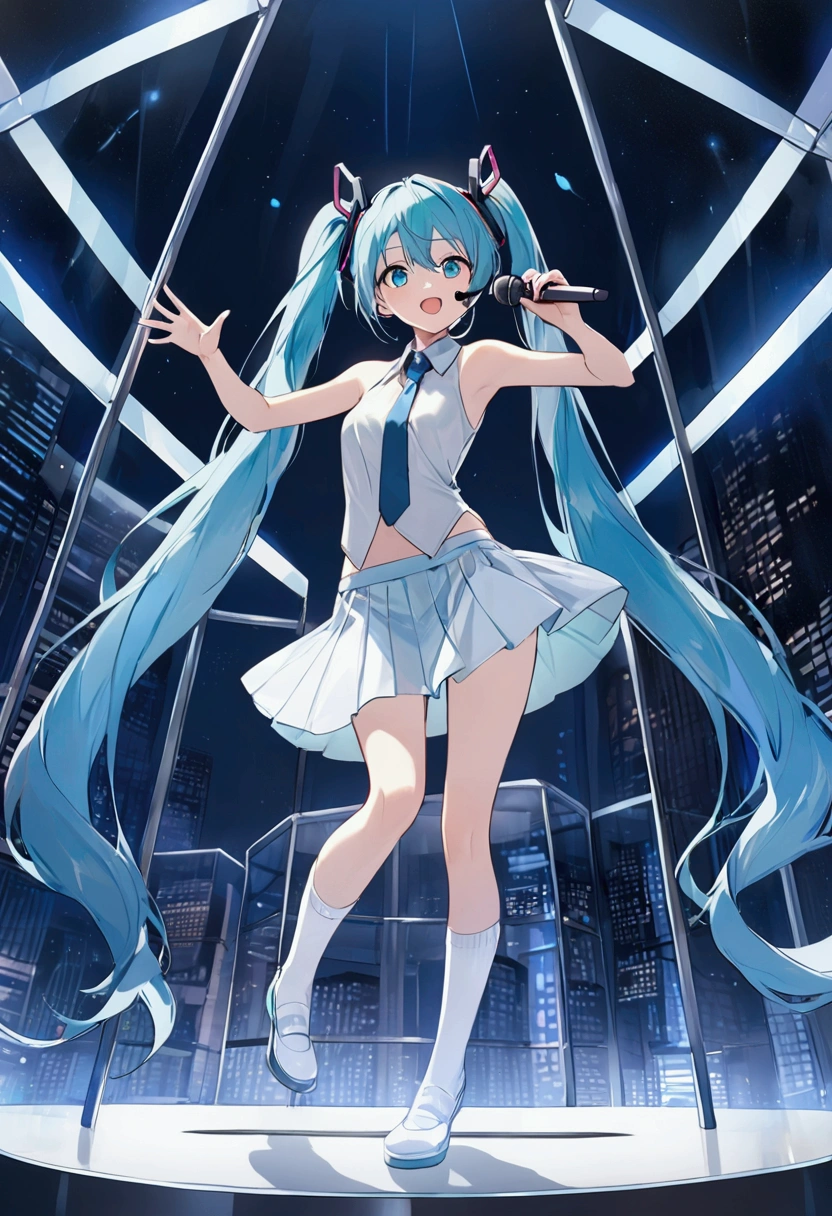 (Hatsune Miku,Light blue hair,Twin tails,No sleeve,tie,mini skirt,socks),((Blue is the predominant color)),(Shining futuristic city at night,Night view,Cyber World),(Dynamic pose,Standing on a glass stage,Cool look,singing,Holding a microphone)