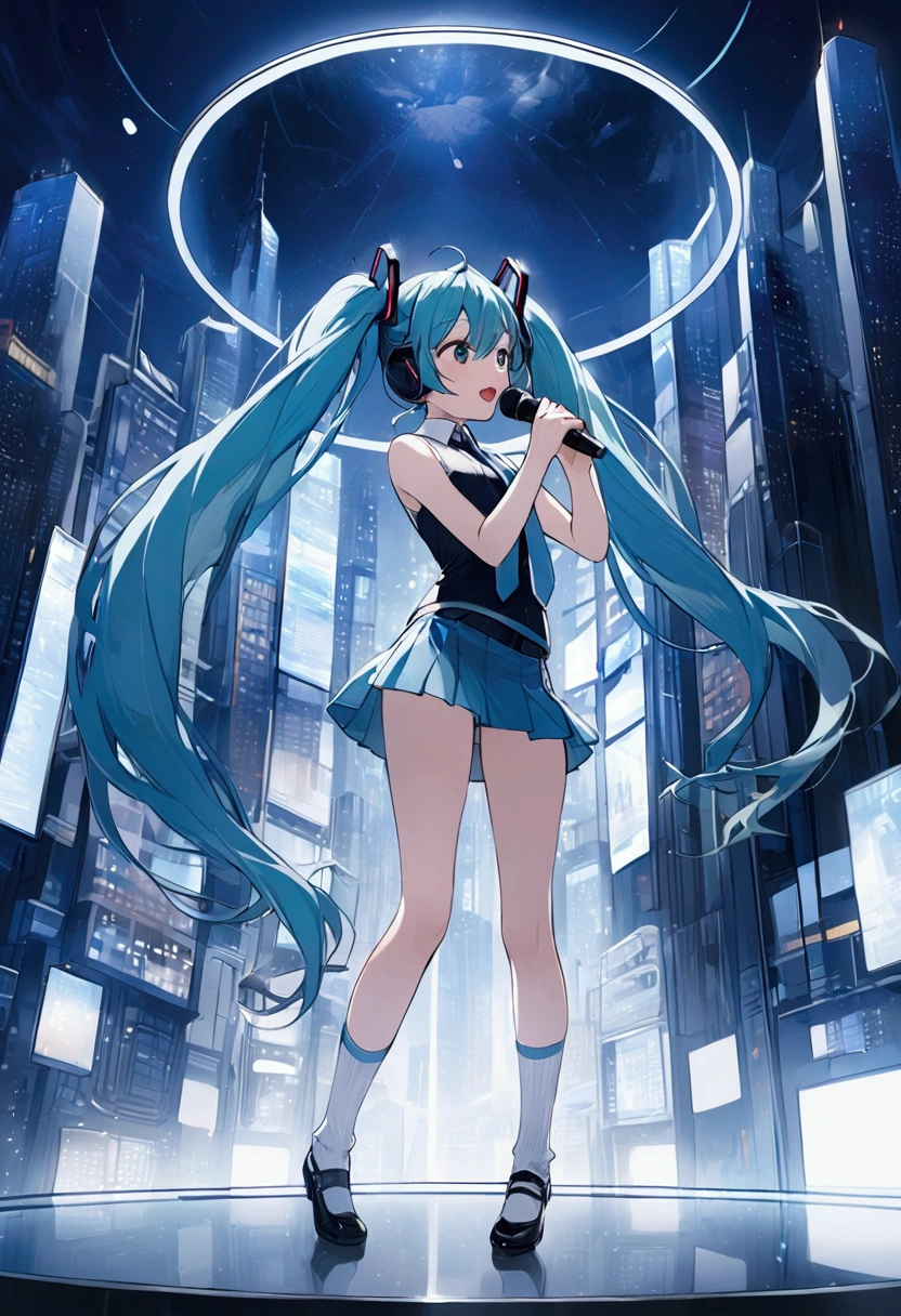 (Hatsune Miku,Light blue hair,Twin tails,No sleeve,tie,mini skirt,socks),((Blue is the predominant color)),(Shining futuristic city at night,Night view,Cyber World),(Dynamic pose,Standing on a glass stage,Cool look,singing,Holding a microphone)