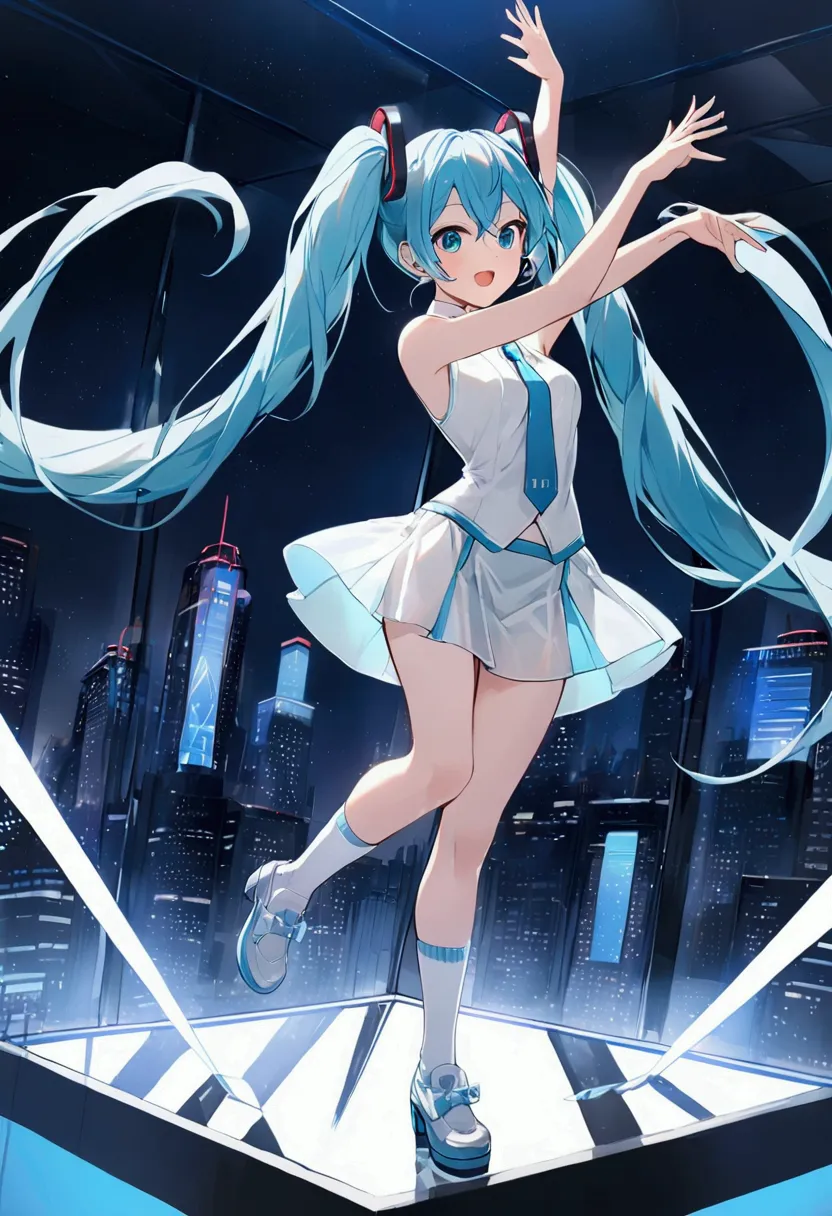 (hatsune miku,light blue hair,twin tails,no sleeve,tie,mini skirt,socks),((blue is the predominant color)),(shining futuristic c...