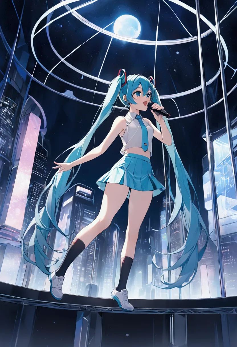 (hatsune miku,light blue hair,twin tails,no sleeve,tie,mini skirt,socks),((blue is the predominant color)),(shining futuristic c...