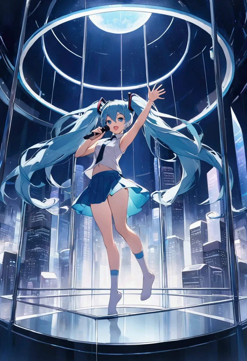 (hatsune miku,light blue hair,twin tails,no sleeve,tie,mini skirt,socks),((blue is the predominant color)),(shining futuristic c...