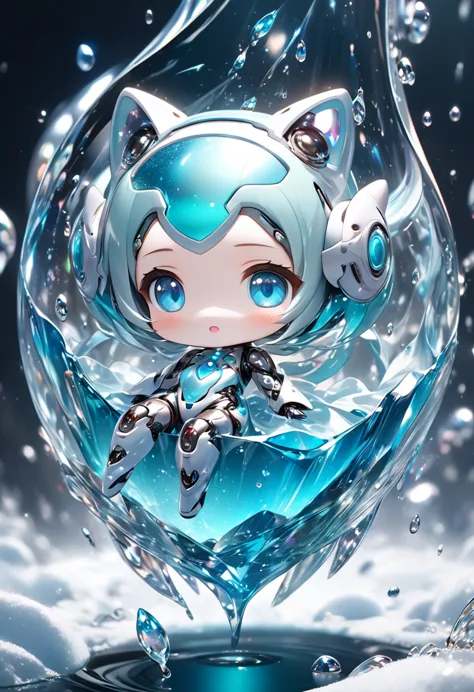 conceptual installation fantasy art, cute chibi animal-based android cyborg trapped in a falling ice drop, background iridescent...