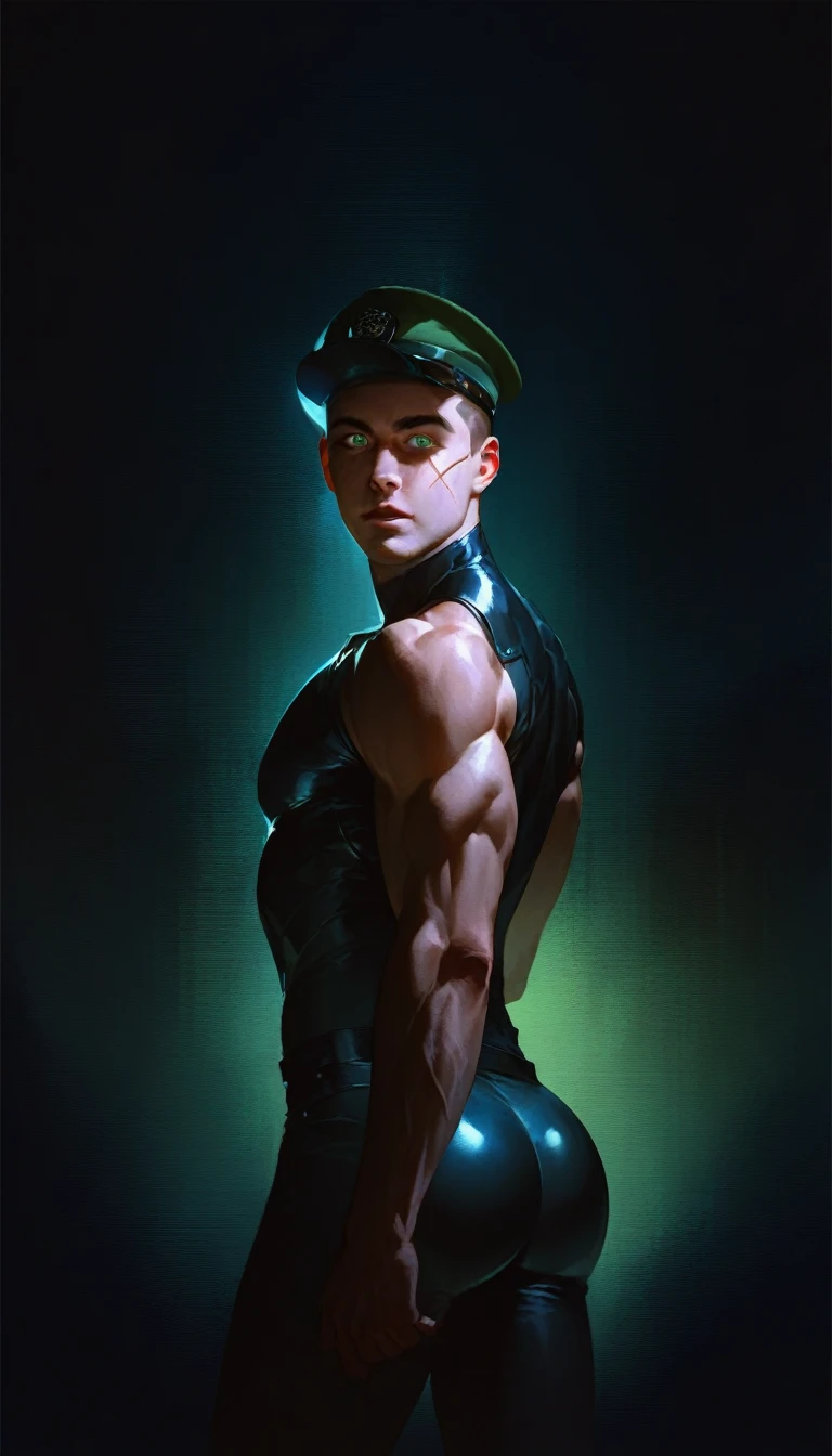 score_9, score_8_up, score_7_up, 1boy, sergeant's cap, brown hair, looking at viewer, dark setting, black silhouettes, bright green eyes, dark, profane, nacked, detalhed background, muscles, black background, gothic, brave, sexy, muscular, realistic textures, seductive look, dynamic angle, big pecs, electric, latex suit, police station, scars on face, cyberpunk, wide eyes, big butt, ass, skinny