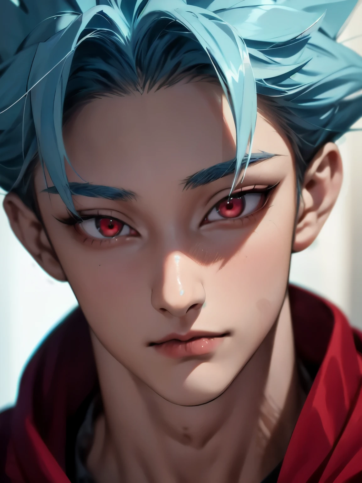 masterpiece, best quality, stand,half body photo,ultra-detailed, 1boy, solo, male focus,black hoodie, walking ,close up photo,fokus on face,looking at viewer, , , ban_nanatsu_no_taizai,blue hair,red eyes ,handsome,muscular , ultra detail,ultra Hd