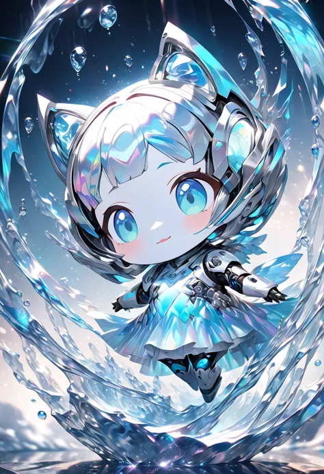 conceptual installation fantasy art, cute chibi animal-based android cyborg trapped in a falling ice drop, background iridescent...