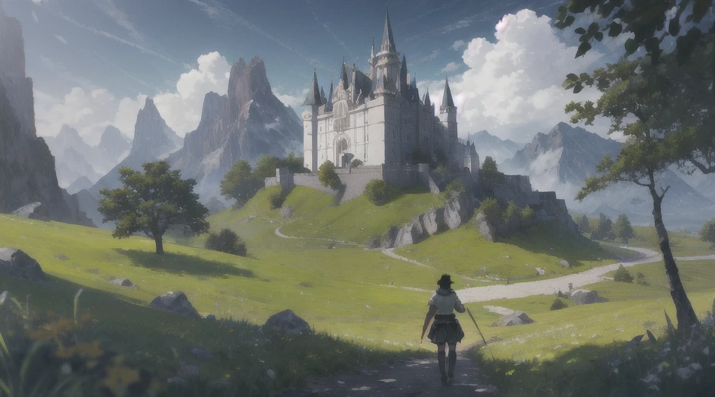 "A lone protagonist, resembling a fantasy warrior, stands in a lush green meadow with vibrant grass beneath their feet. The scene is set under a bright, blue sky with fluffy white clouds drifting above. The protagonist is framed in a composition where two-thirds of their full body is visible, gazing at a majestic castle in the distance, surrounded by mountains. The castle is grand and imposing, with tall spires and banners waving in the wind. The surrounding mountains are rugged, adding to the mysterious and epic atmosphere. The scene should evoke a sense of adventure and wonder, similar to classic fantasy video games.",8K