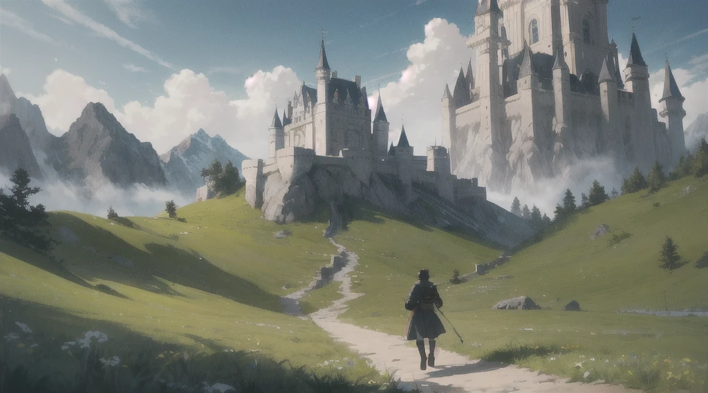 "A lone protagonist, resembling a fantasy warrior, stands in a lush green meadow with vibrant grass beneath their feet. The scene is set under a bright, blue sky with fluffy white clouds drifting above. The protagonist is framed in a composition where two-thirds of their full body is visible, gazing at a majestic castle in the distance, surrounded by mountains. The castle is grand and imposing, with tall spires and banners waving in the wind. The surrounding mountains are rugged, adding to the mysterious and epic atmosphere. The scene should evoke a sense of adventure and wonder, similar to classic fantasy video games.",8K