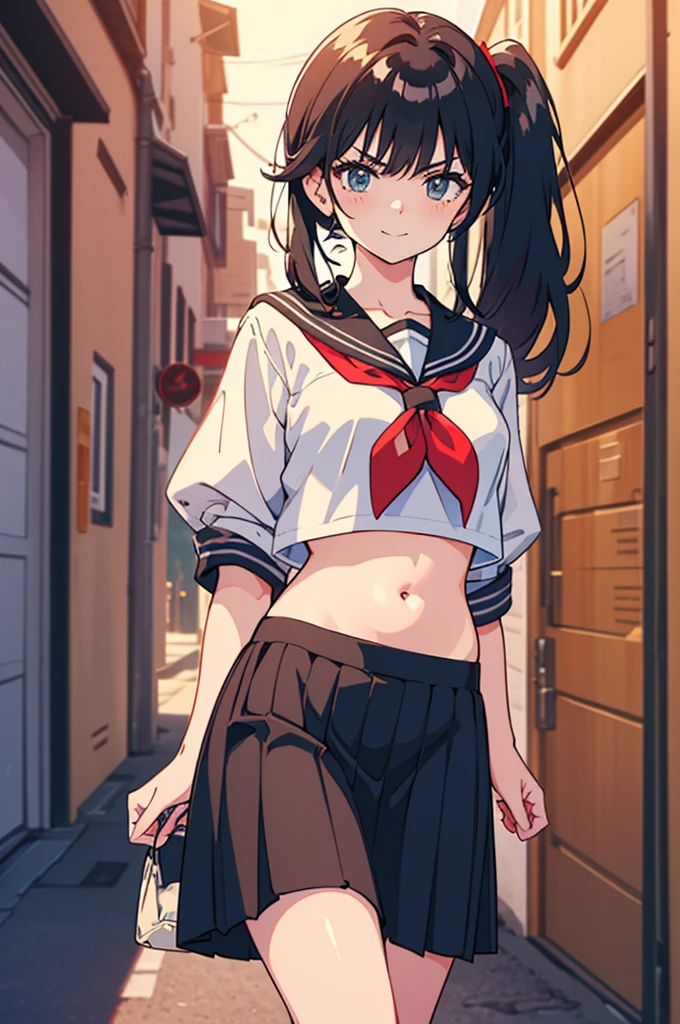 high school girl　beauty　Black Hair　ponytail　Red mesh hair　smile　Glare　frivolous attitude　Glaring at me　Black Sailor Suit　Long skirt　Roll up your sleeves　belly button　Cross your arms　Alley