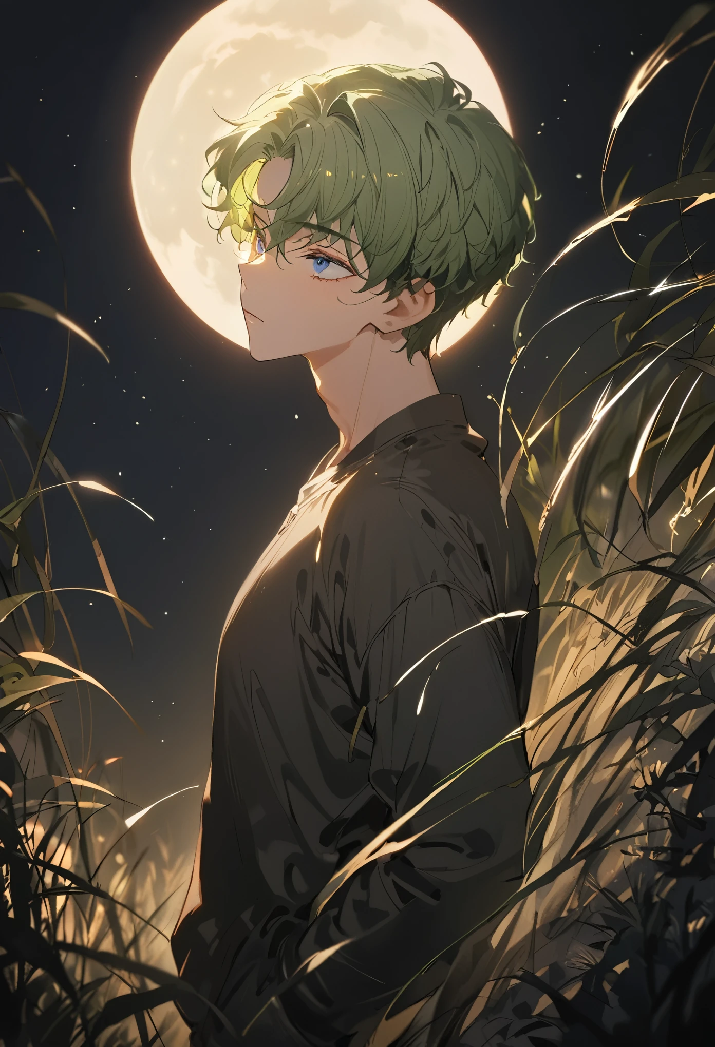 1 boy,white shirts, black jacket, black pants,green hair,short hair, curly hair,from side, looking above, blue eyes,narrow eye,brown grasses, grow starry sky,cresent moon,at night,cold light,masterpiece,best quality, ultra detail, beautiful eyes,perfect hand,