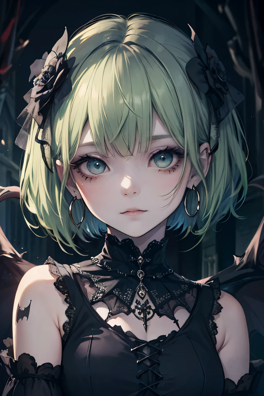 ((masterpiece)), ((best quality)), perfect detailed eyes, perfect detailed face, green hair, short hair, forehead jewel, hollow eyes, hoop earrings, makeup, turn pale, shaded, Baroque, cinematic lighting, high quality, accurate, 8k, Vampire, gothic lolita style dress, dark blue dress, bats in the background