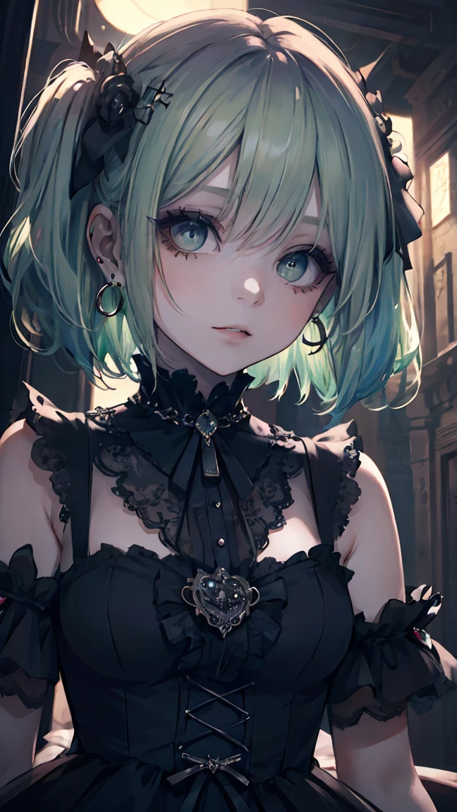 ((masterpiece)), ((best quality)), perfect detailed eyes, perfect detailed face, green hair, short hair, forehead jewel, hollow eyes, hoop earrings, makeup, turn pale, shaded, Baroque, cinematic lighting, high quality, accurate, 8k, Vampire, gothic lolita style dress, dark blue dress, bats in the background