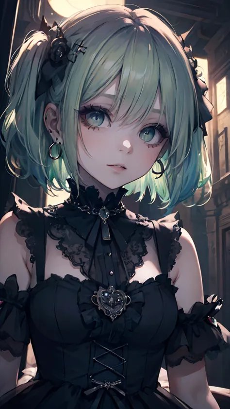 ((masterpiece)), ((best quality)), perfect detailed eyes, perfect detailed face, green hair, short hair, forehead jewel, hollow ...