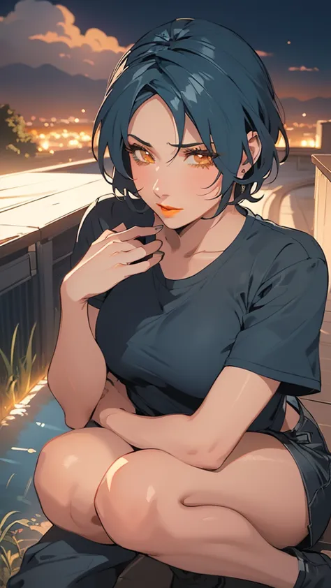 1 women, single, solo, beautiful anime women,kneeling,from above,((dark blue hair,extra short hair,brown eyes,rounded eyes, beau...