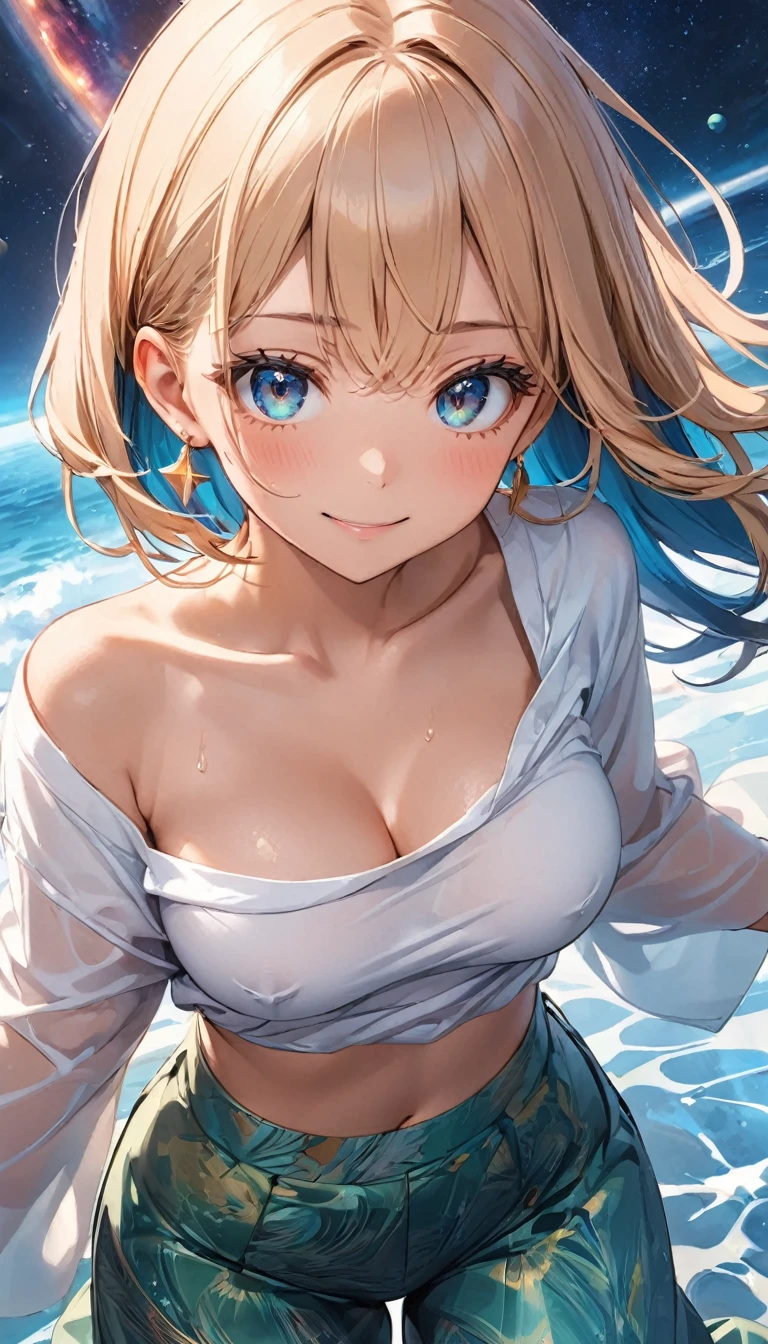 anime illustration, ((((highest quality)))), (((Ultra-precision CG 16K))), (((masterpiece))), BREAK skinny body, slender waist, medium Breasts, (((perky breasts))), ((sagging breasts)), (covered nipples),  (((tanned skin, tan lines))) , BREAK (written in detail of face, smiling, blush, determined expression, sweaty , Heavy breathing, embarrassed, ) , (natural make), BREAK narrow eyes, (streaked hair, hair intakes, colored inner hair, ) BREAK (((wearing printed oversized clothing , wearing wide-leg-pants, breasts is covered by outfit, (detailed panty), Narrow aisles,))) , wearing earrings , BREAK ( stick breast out,) BREAK  (( ripples , horizon , under the cosmic sky on the cosmic sea , cosmic effects, a girl blended into the background )), (((closeup of eyes shot, looking at viewer, extremely detailed eyes ))), BREAK ((cinematic , from below  , pinup magazine pose, dancing 