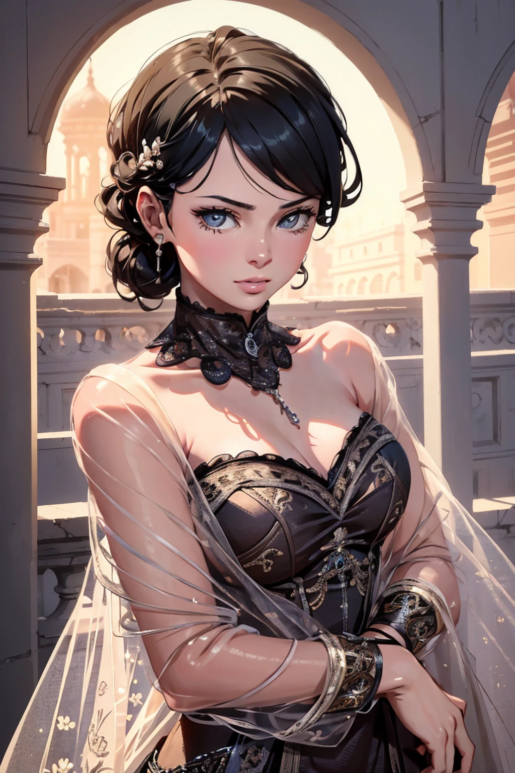 A girl, 1 girl, beautiful detailed eyes, beautiful detailed lips, extremely detailed eyes and face, long eyelashes, intricate detailed dress, elegant lady, graceful pose, delicate features, serene expression, cinematic lighting, highly detailed, photorealistic, 8k, masterpiece, fantasy art