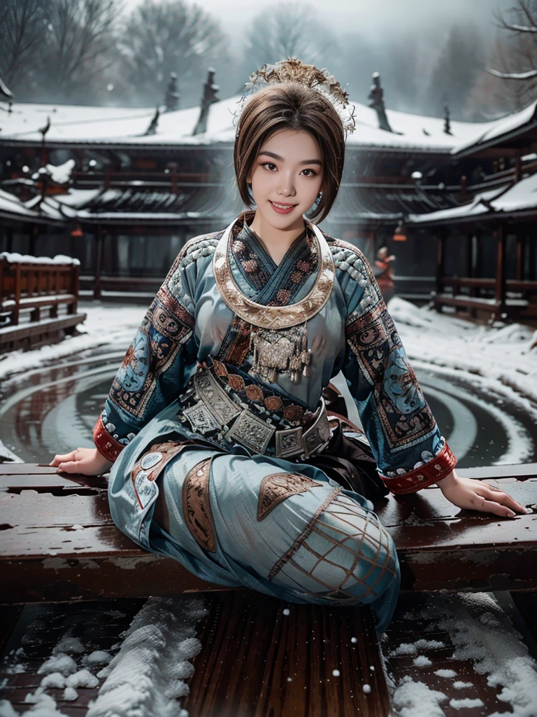 (The background is covered with heavy snow，Blizzard，Without sunlight，Gray atmosphere:1.2)，Extreme Clarity，A beautiful，Sexy，High Detail，8K resolution，Clear eyes，Smile，(Brown short hair)，Perfect facial features，(Wooden window frames)，（Wearing Miao headdress），(emphasize，Wearing transparent Miao clothes inside，Thin material，chiffon，Light blue transparent:1.5），individual，full-body shot