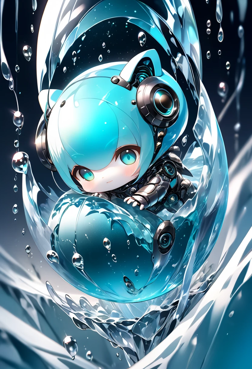 conceptual installation fantasy art, cute chibi animal-based android cyborg trapped in a falling ice drop, background iridescent metallic Tiffany Blue, (ultra detailed, absolutely resolution, best quality:1.3), 2.5D, delicate and dynamic effects, glitter effects, artistic photography, hyper realistic, graphic CG digital art