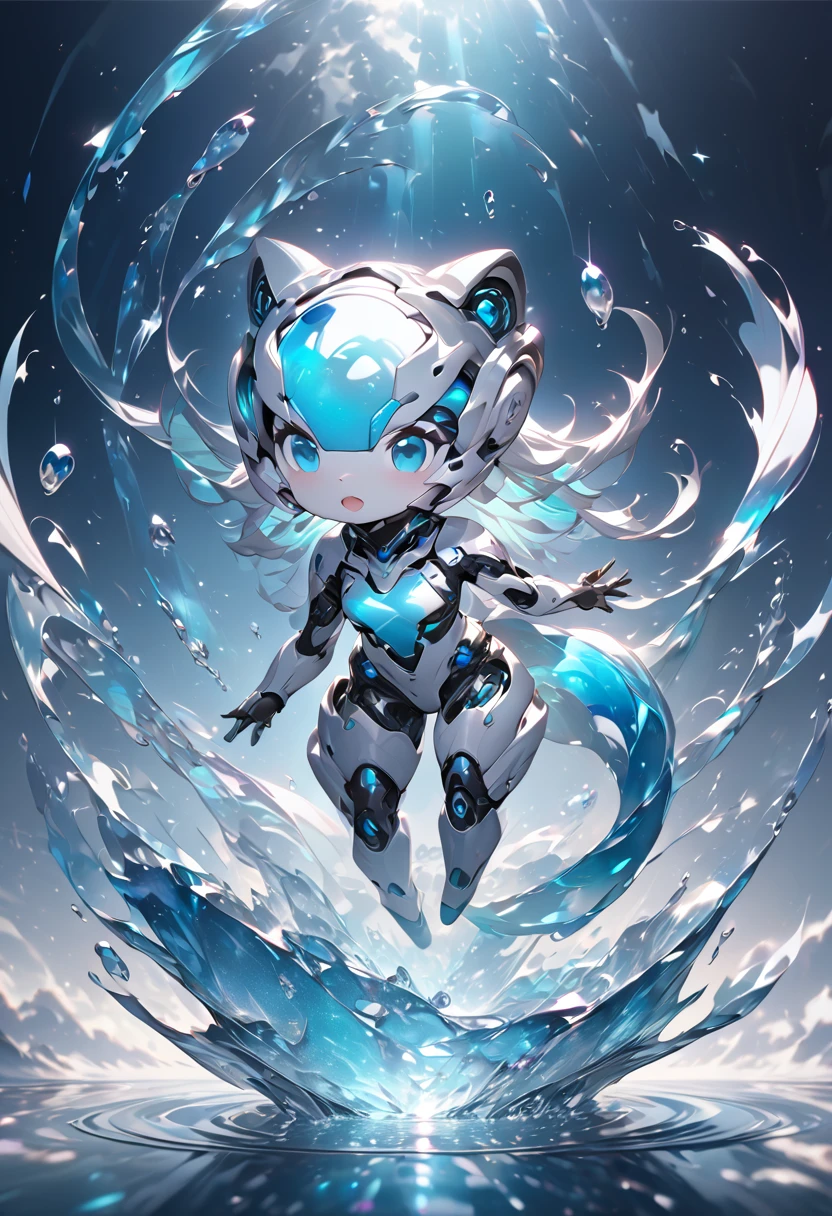 conceptual installation fantasy art, cute chibi animal-based android cyborg trapped in a falling ice drop, background iridescent metallic Tiffany Blue, (ultra detailed, absolutely resolution, best quality:1.3), 2.5D, delicate and dynamic effects, glitter effects, artistic photography, hyper realistic, graphic CG digital art