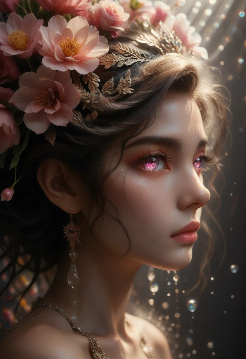 (masterpiece), (Best quality), (Ultra detailed),(wild hair),(illustration), (1 person), standing, Model, I look at the viewer, (interview), (detailed background),beautiful detailed eyes, Delicate beautiful face, floating,(high saturation),(colorful splashes),colorful bubble,(brilliant), Focus on the face, floating flowers, floating hair, (brilliant), Better lighting, best shadow, 1 Only bad