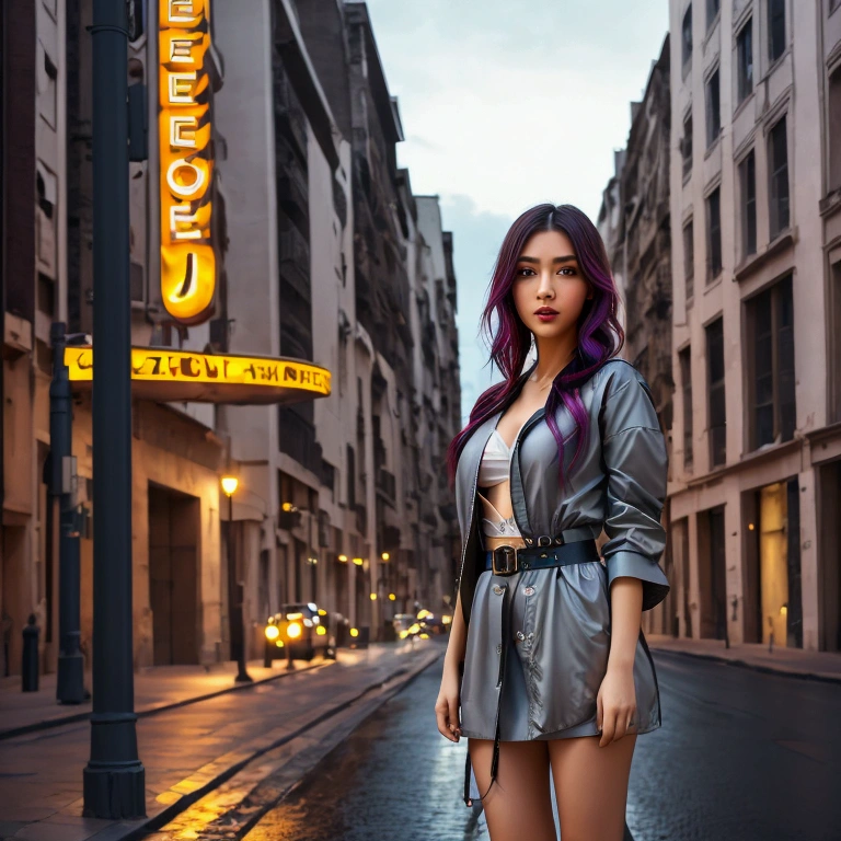 portrait, 1 girl, beautiful face, asymmetrical hair, multicolored hair, belt, mono, covered mouth, Covered navel, separate sleeves, grey eyes, hip vent, open jacket, Beautiful, look at the viewer, city at night, neon, rainy,