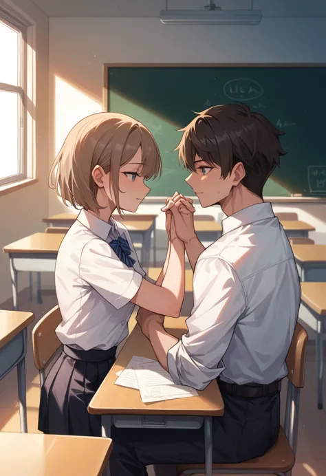 masterpiece, highest quality, high resolution, boy and girl student,、innocently holding hands infront of blackboard inside a cla...